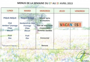 Menus du 27 au 29-04