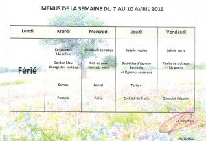 Menus du 7 au 10 avril